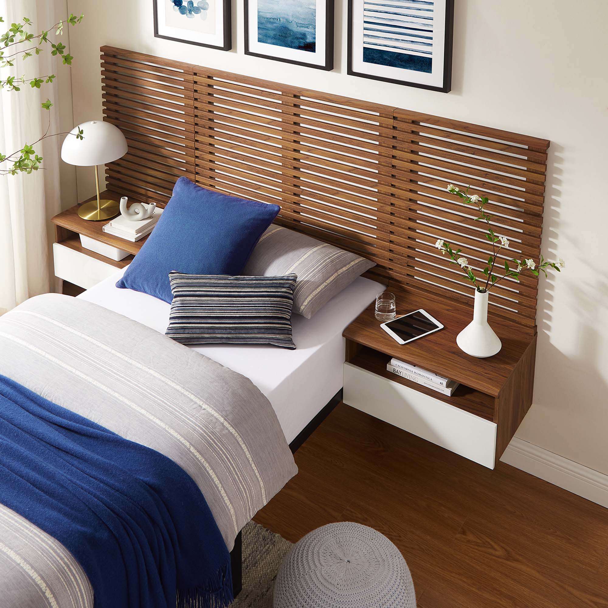 Render Wall Mount Headboard and Modern Nightstands in Walnut