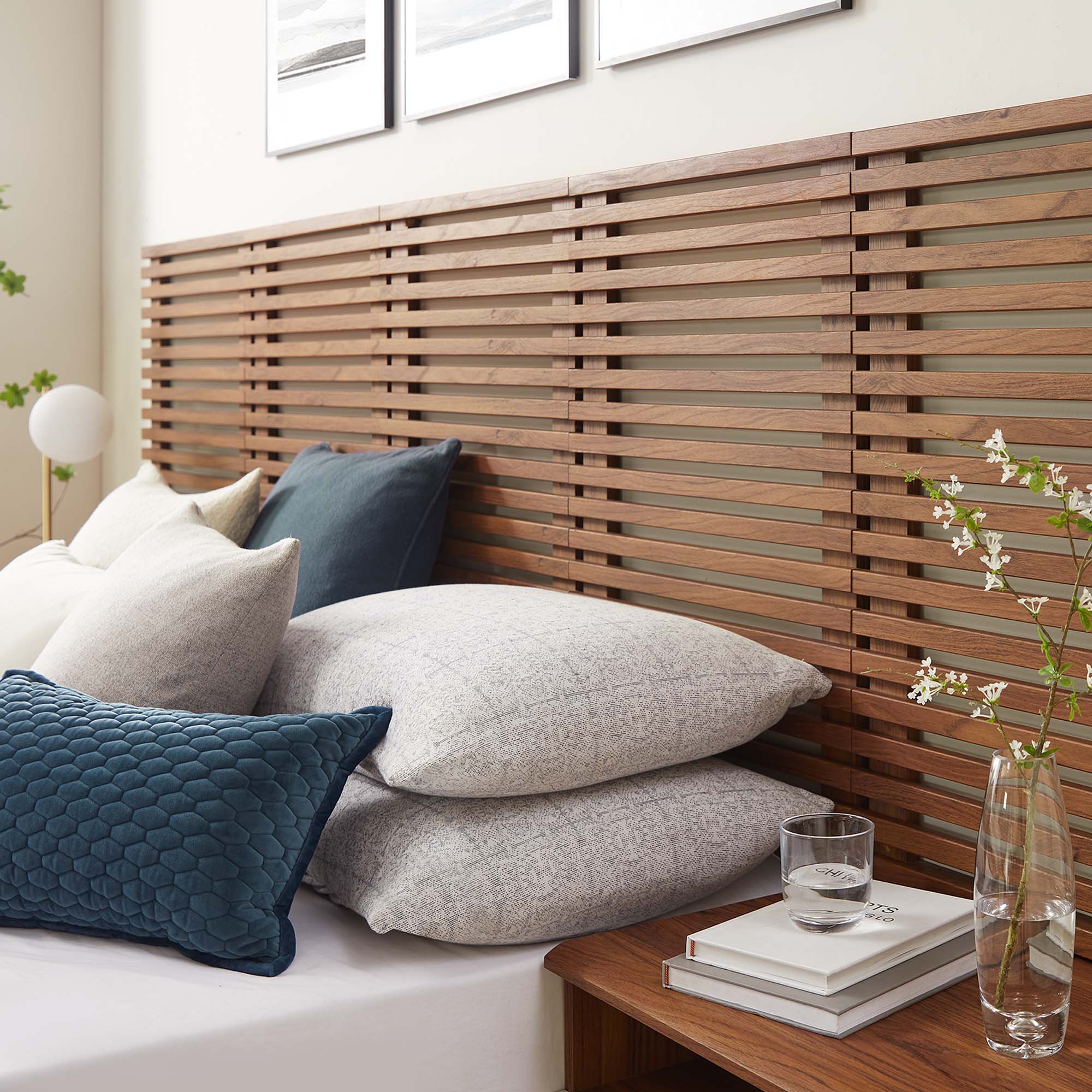 Render Wall Mount Headboard and Modern Nightstands in Walnut