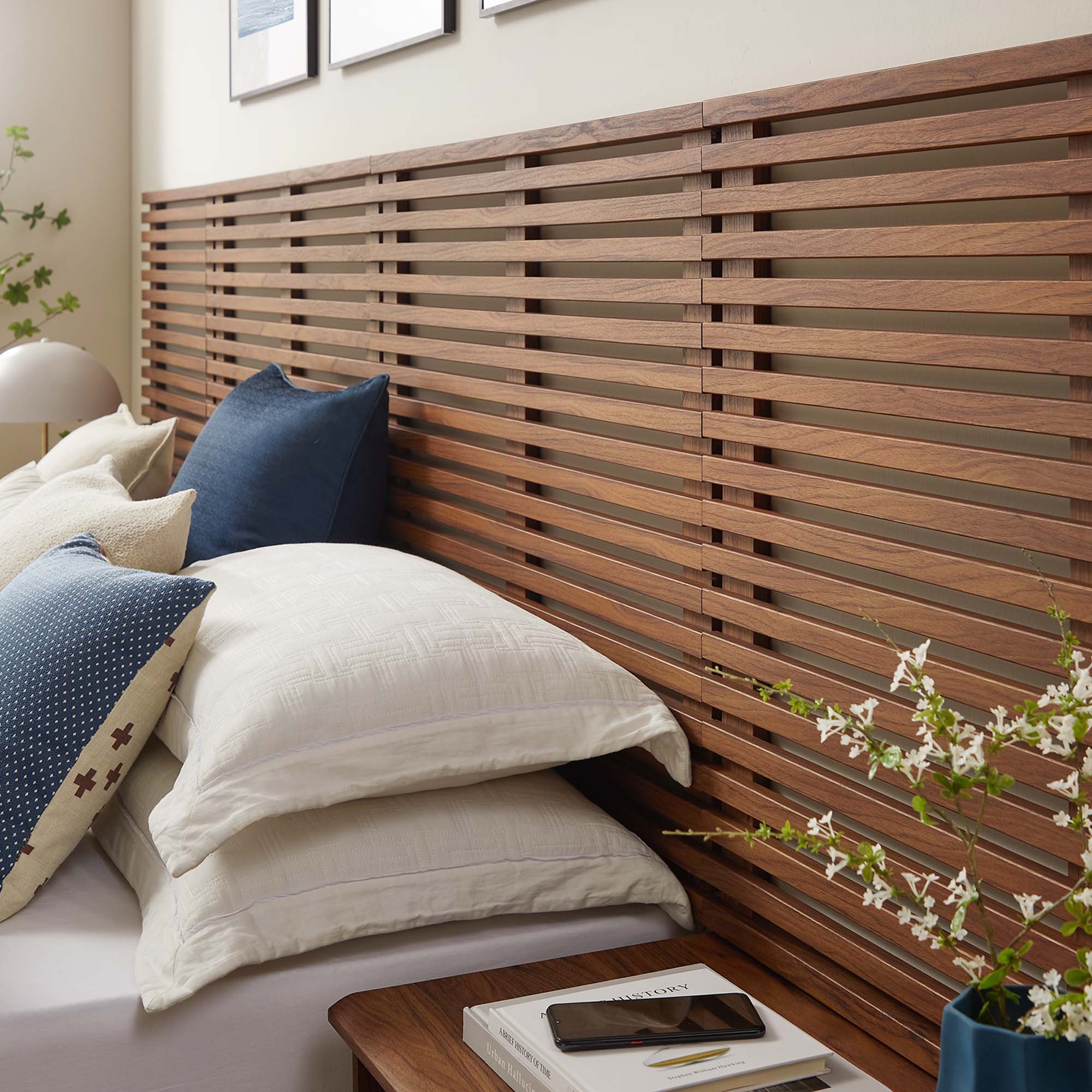 Render Wall Mount Headboard and Modern Nightstands in Walnut