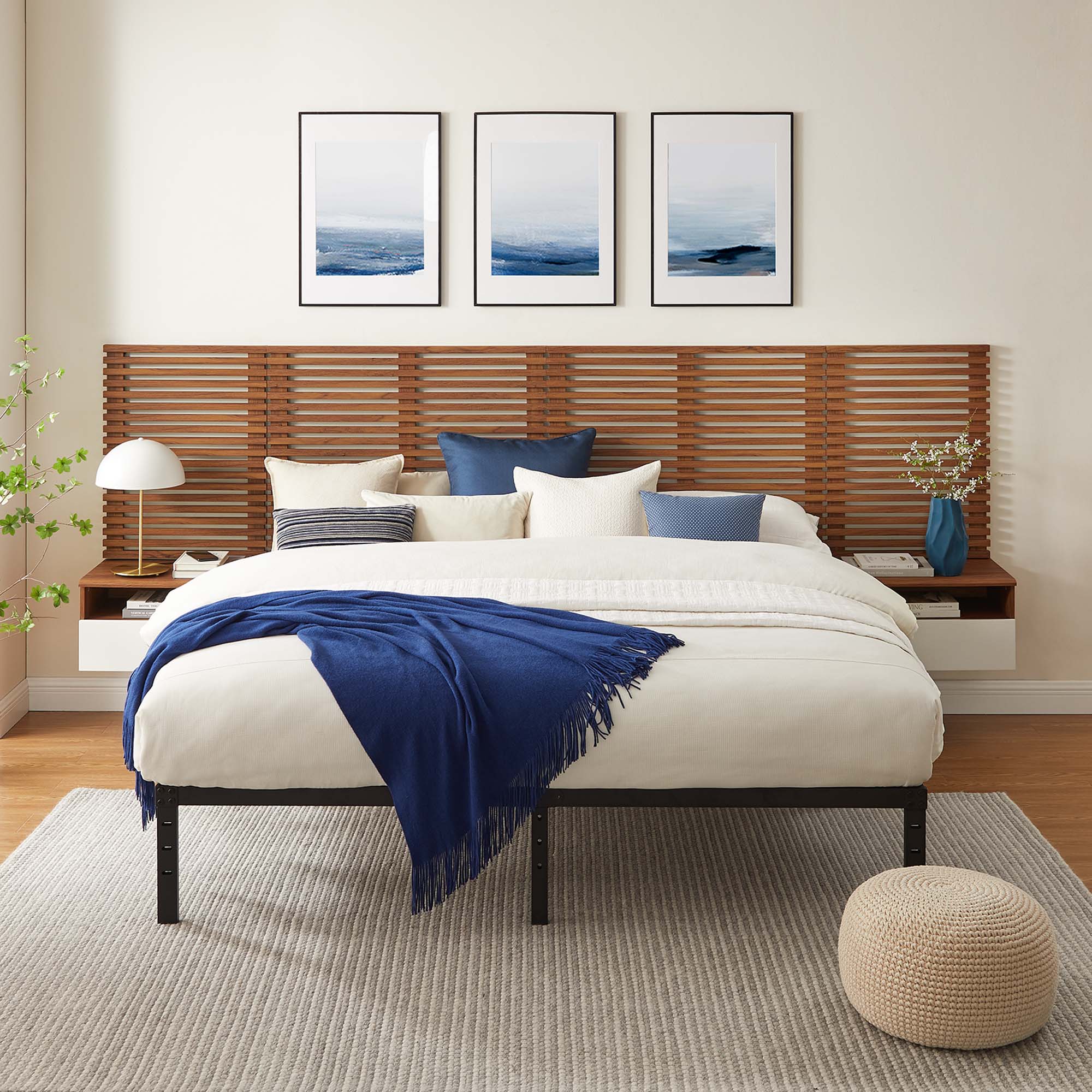 Render Wall Mount Headboard and Modern Nightstands in Walnut