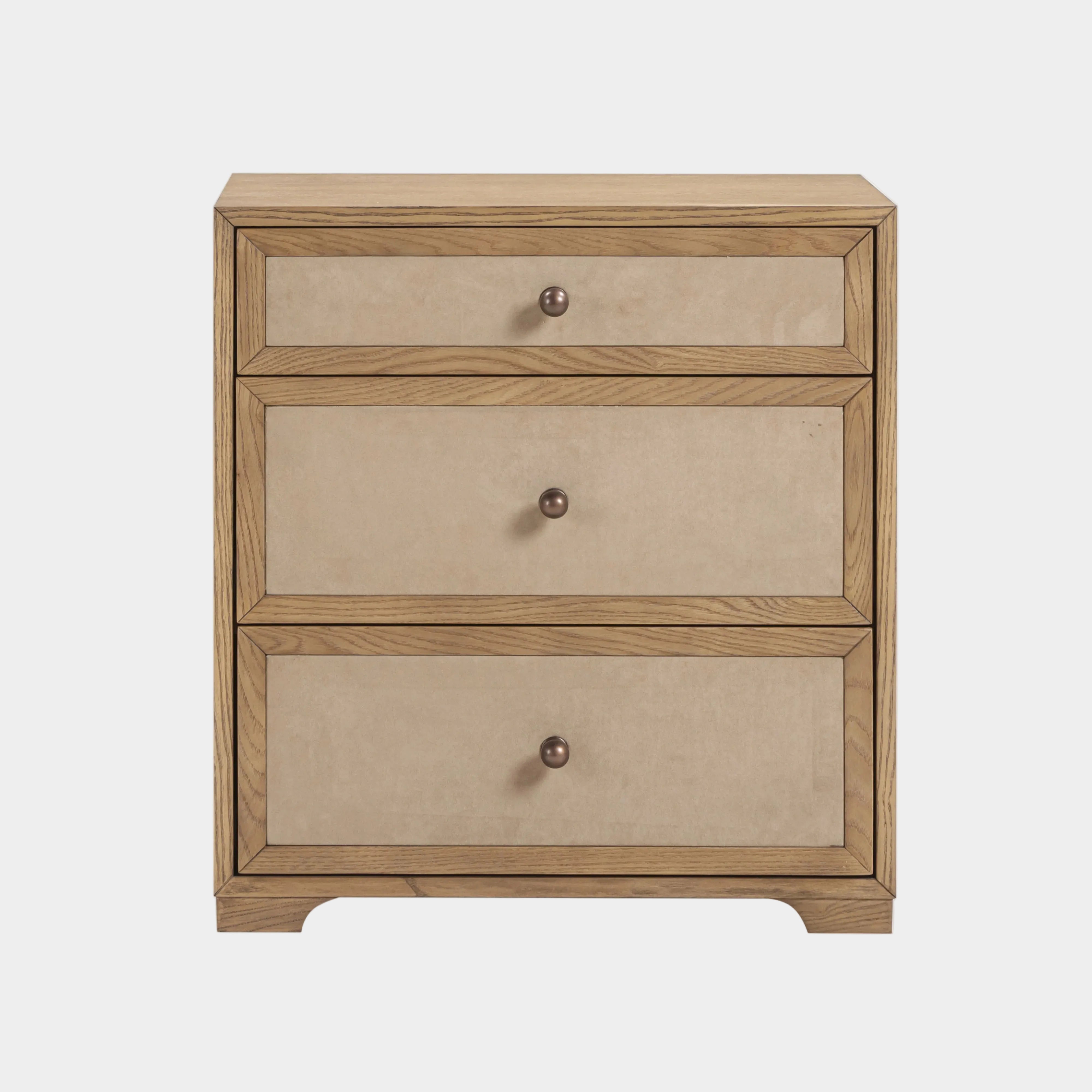 Laurentis 23.5" Light Taupe Suede and Wood 3-Drawer Nightstand