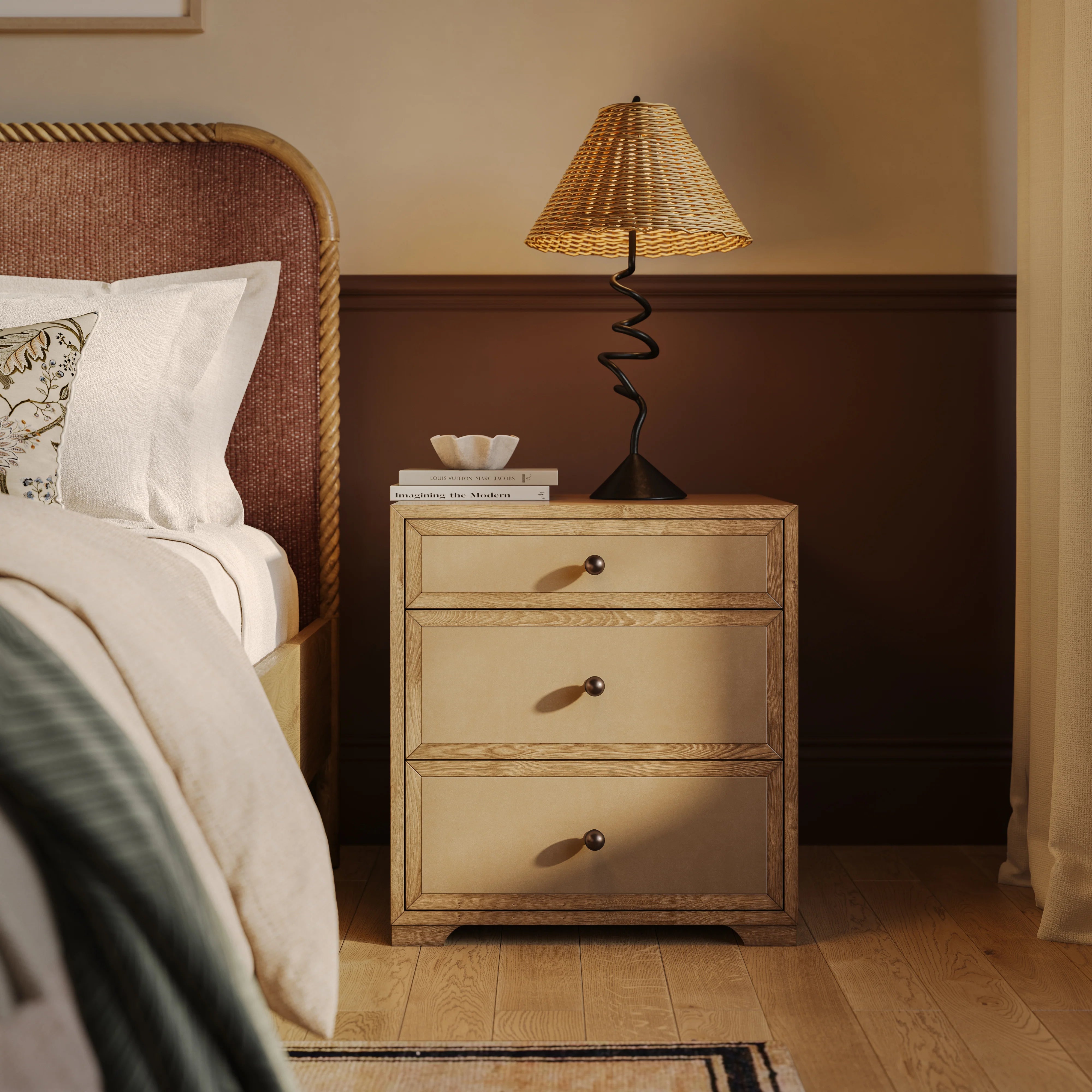 Laurentis 23.5" Light Taupe Suede and Wood 3-Drawer Nightstand