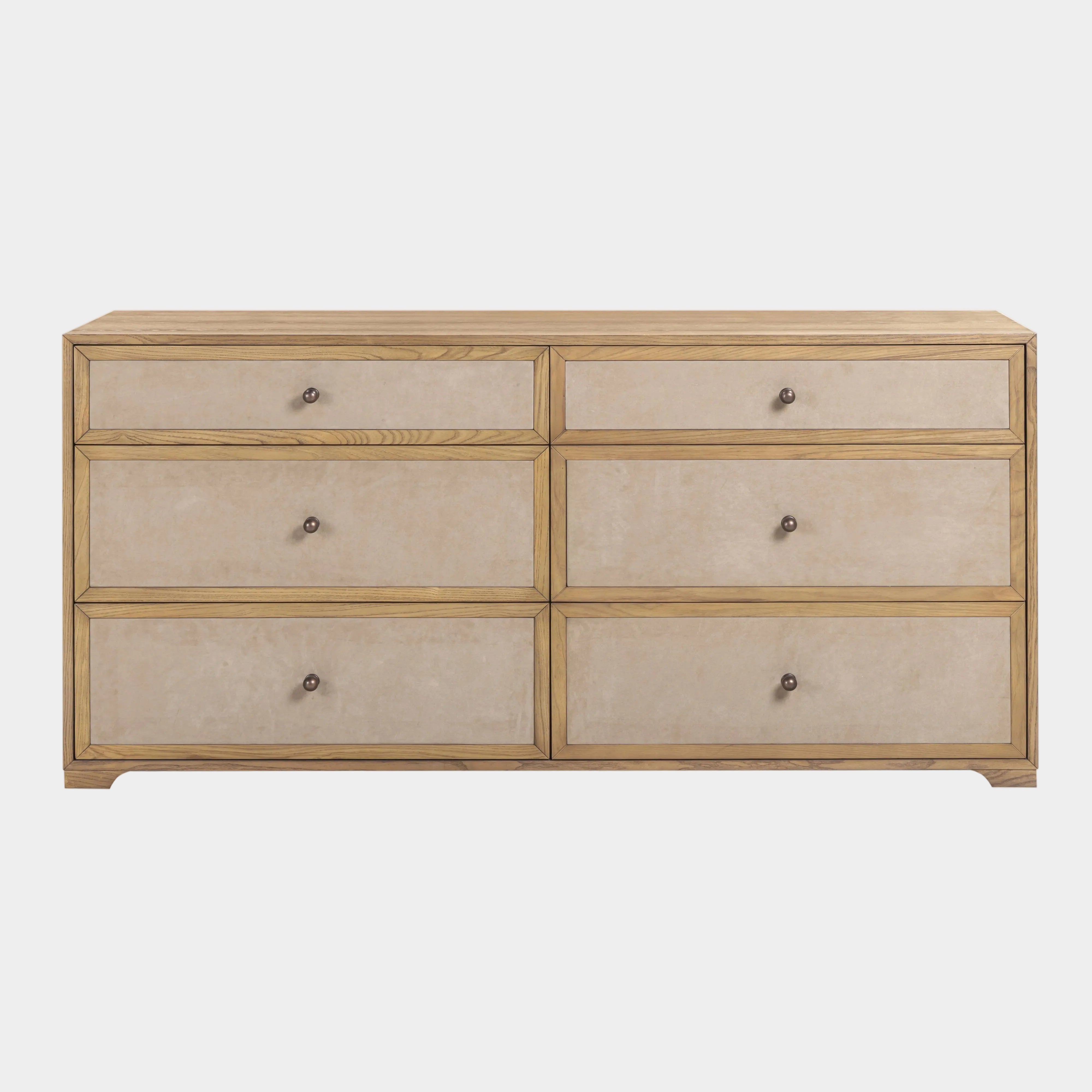 Laurentis 64" Light Taupe Suede and Wood 6-Drawer Dresser