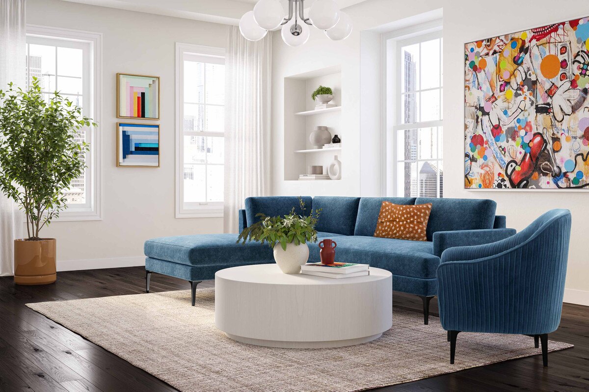 Chaise sectionnelle LAF en velours bleu Serena avec pieds noirs