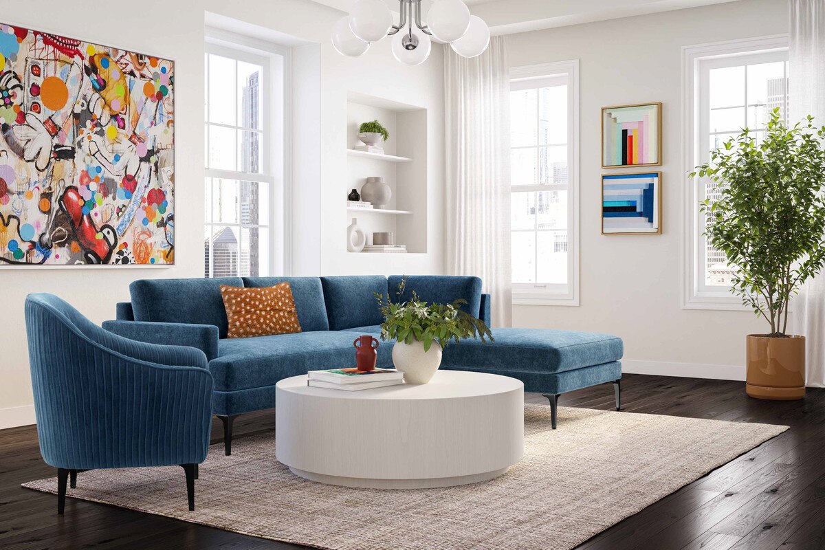 Chaise sectionnelle Serena en velours bleu RAF avec pieds noirs