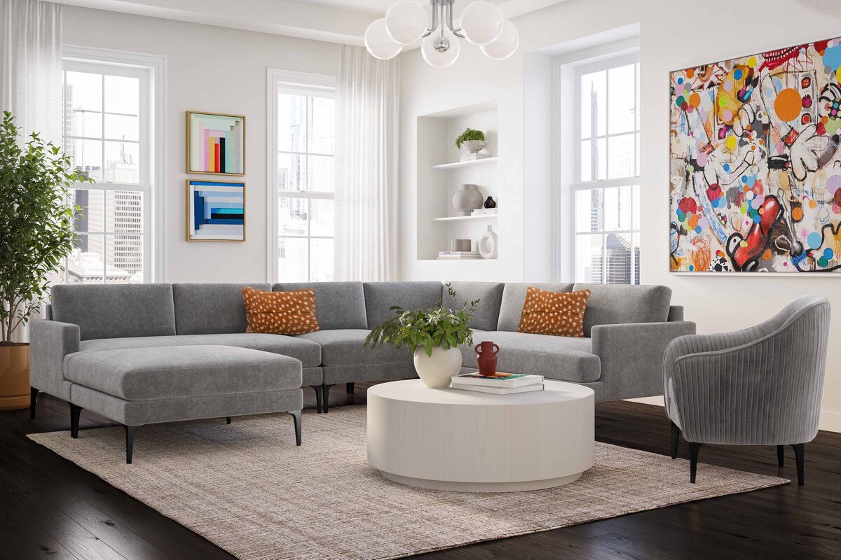 Chaise sectionnelle Serena en velours gris avec pieds noirs