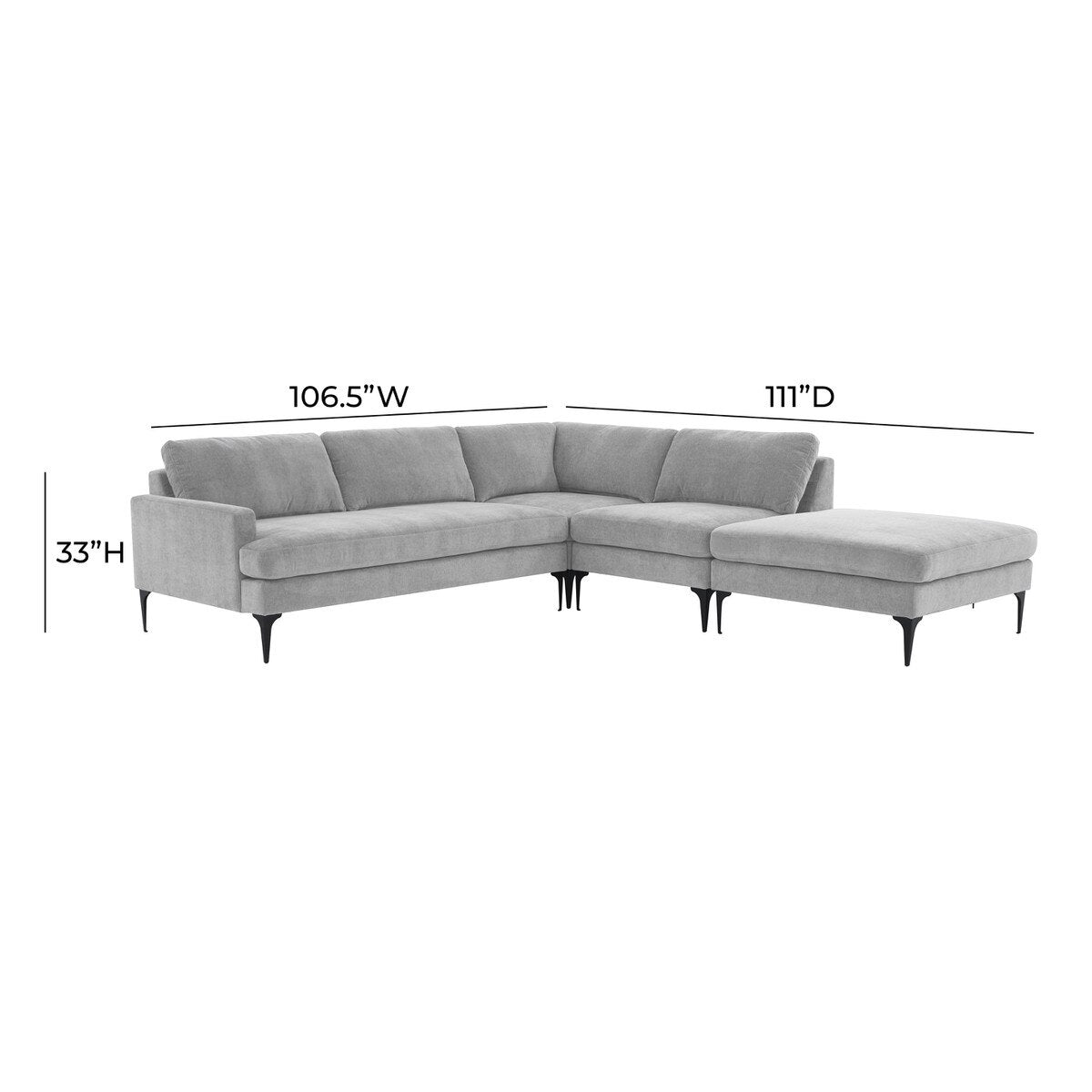 Chaise sectionnelle Serena en velours gris de grande taille avec pieds noirs
