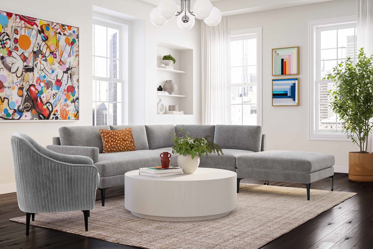 Chaise sectionnelle Serena en velours gris de grande taille avec pieds noirs