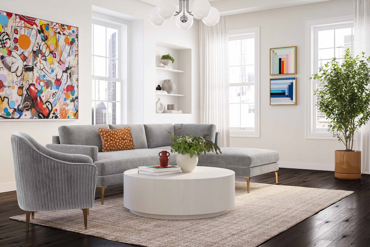 Chaise sectionnelle RAF en velours gris Serena avec pieds en laiton
