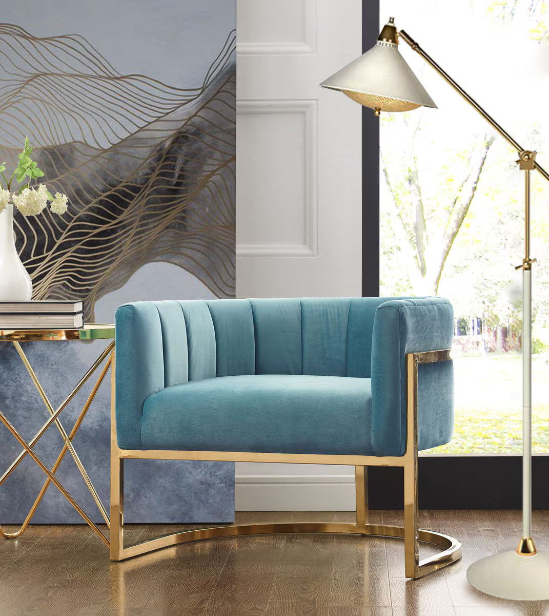 Chaise Magnolia Bleu Mer avec Base Dorée