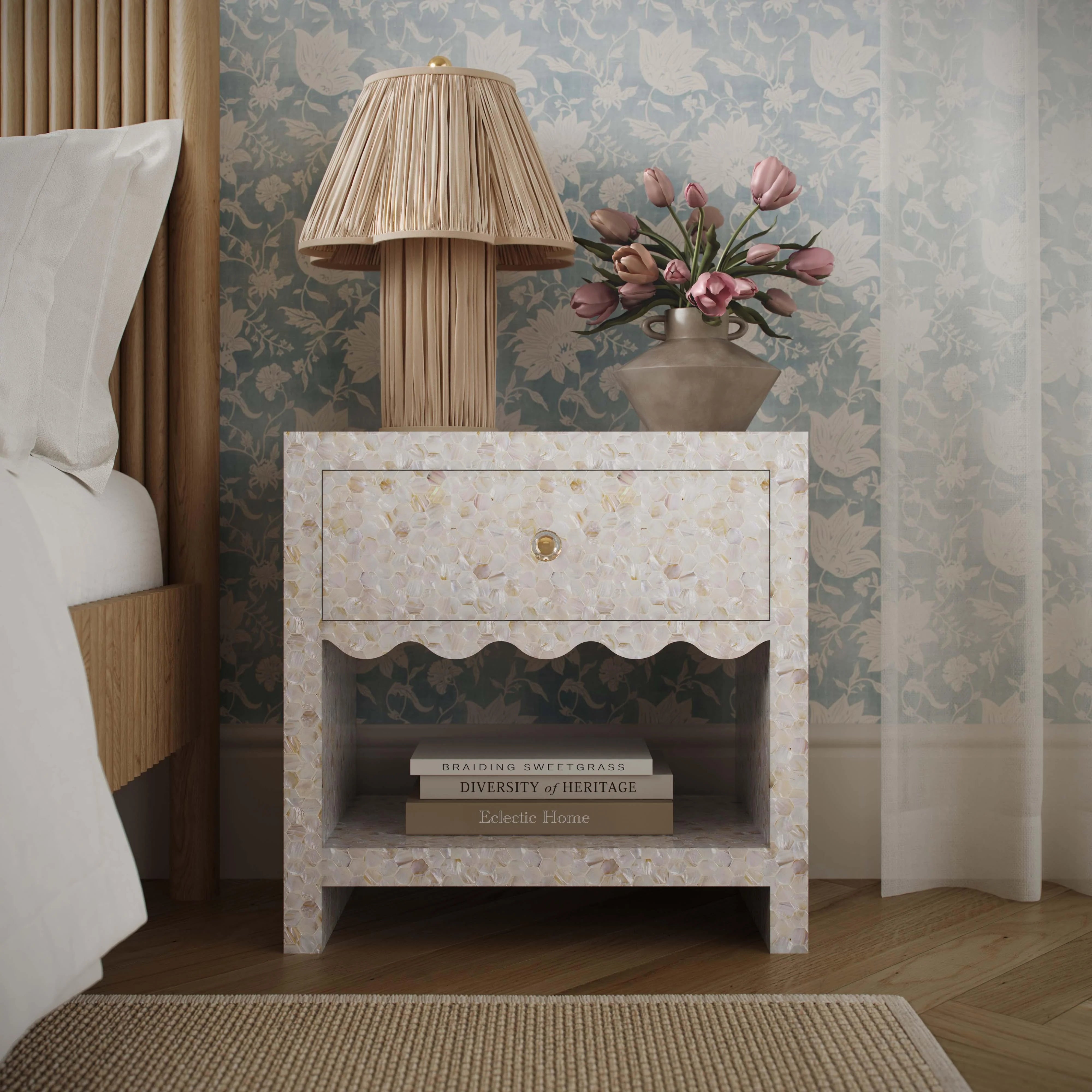 Piara 22" Natural Mother of Pearl Inlaid Nightstand With Drawer