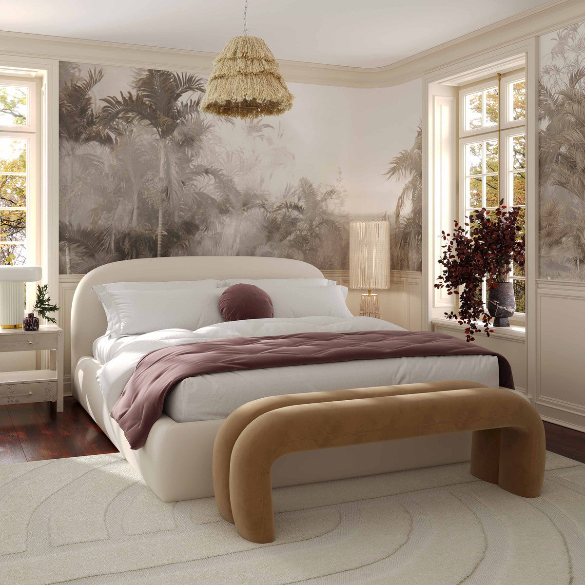 Bara Cream Textured Velvet  Bed