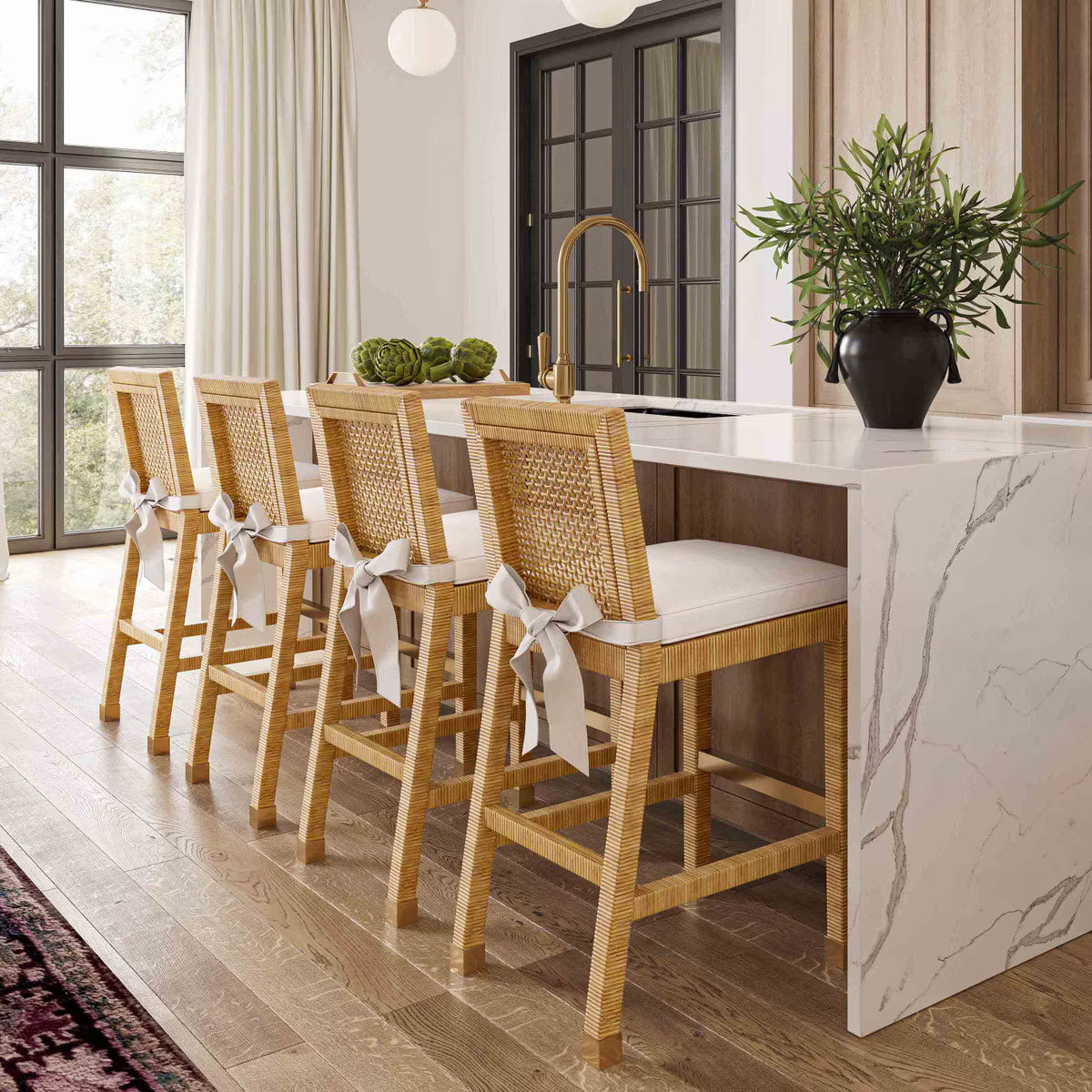 Tabouret de bar en tissu et rotin Amara Performance