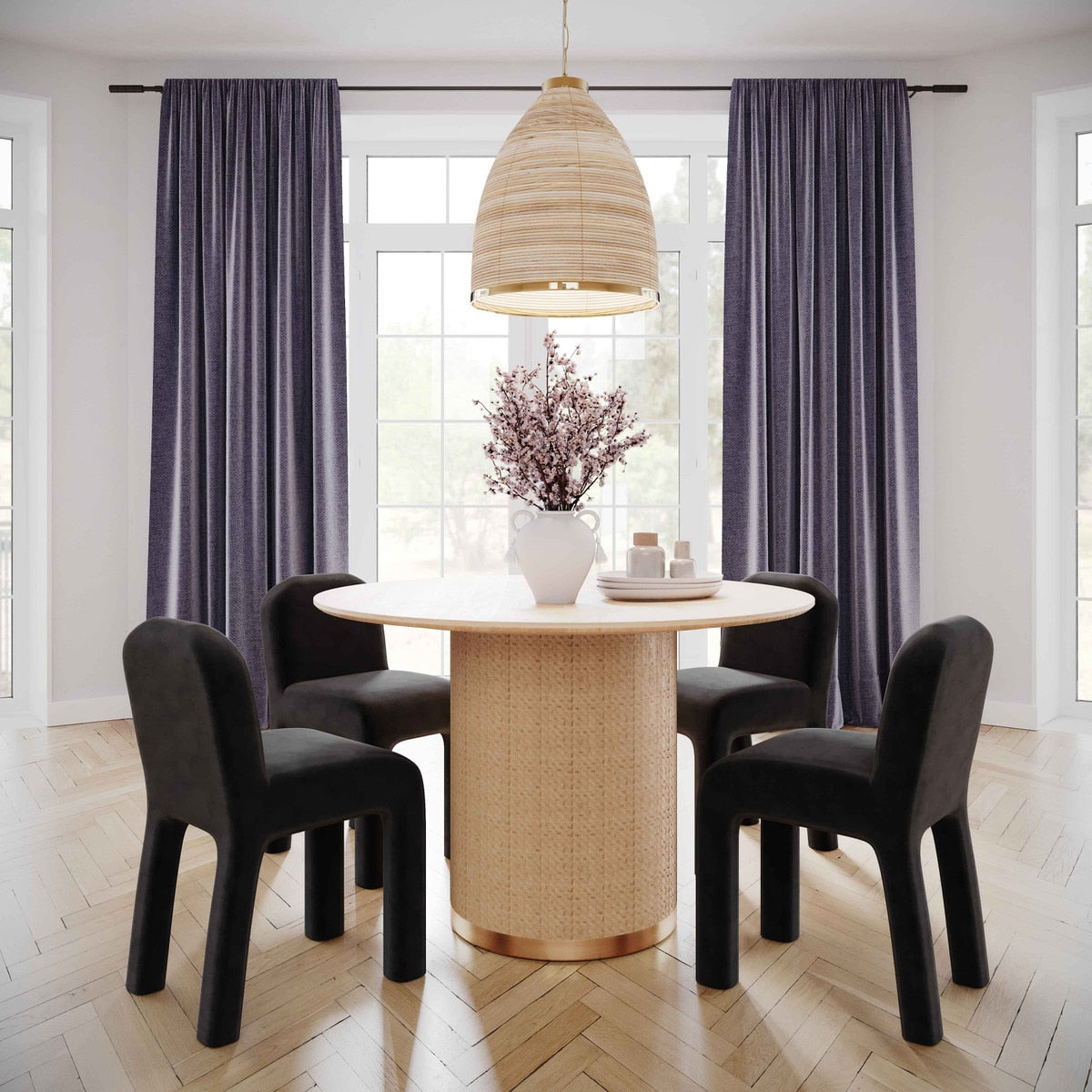 Table à manger ronde en frêne naturel et rotin Akiba de 47 po