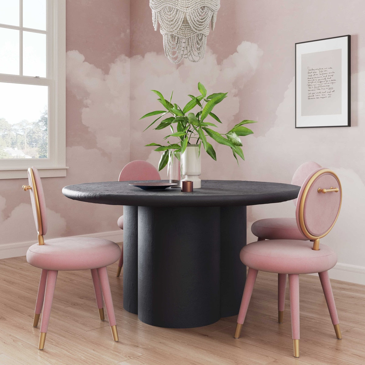 Table à manger ronde en faux plâtre noir Elika
