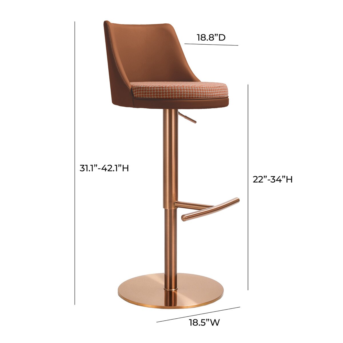 Tabouret pivotant réglable en cuir végétalien et pied-de-poule Reagan Café Au Lait Performance