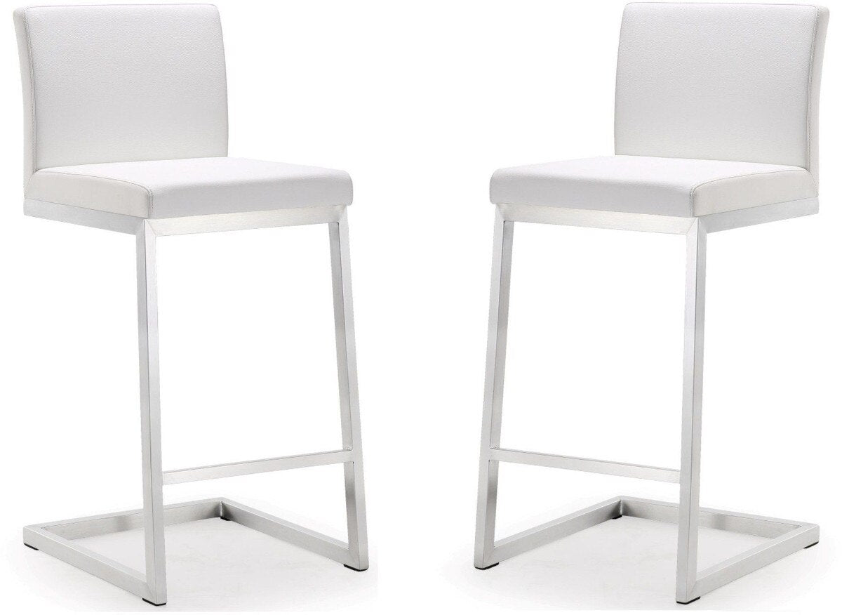 Parma White Performance Vegan Leather and Stainless Steel Counter Stool - Set of 2