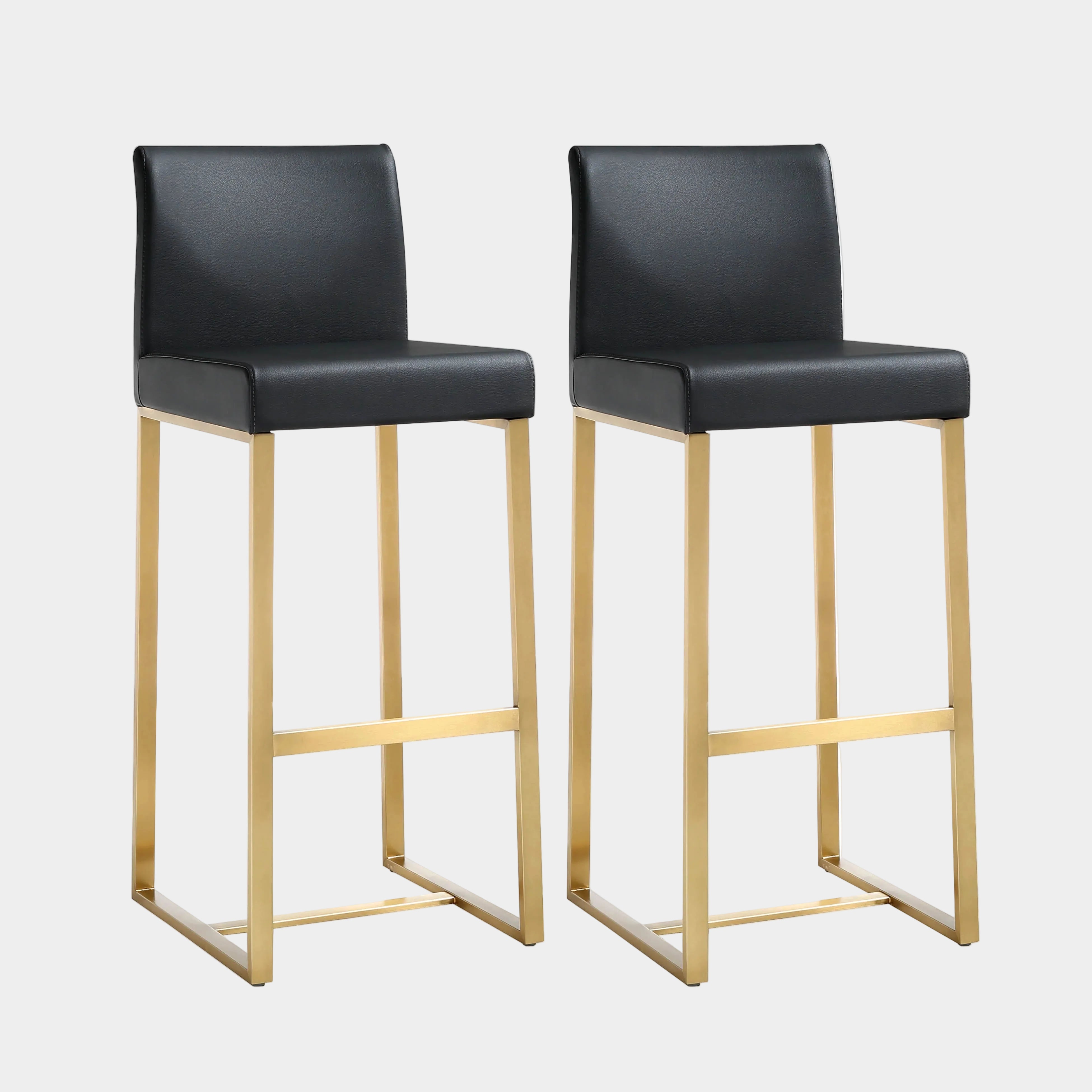Tabouret de bar en cuir vegan noir et acier doré Denmark - Lot de 2