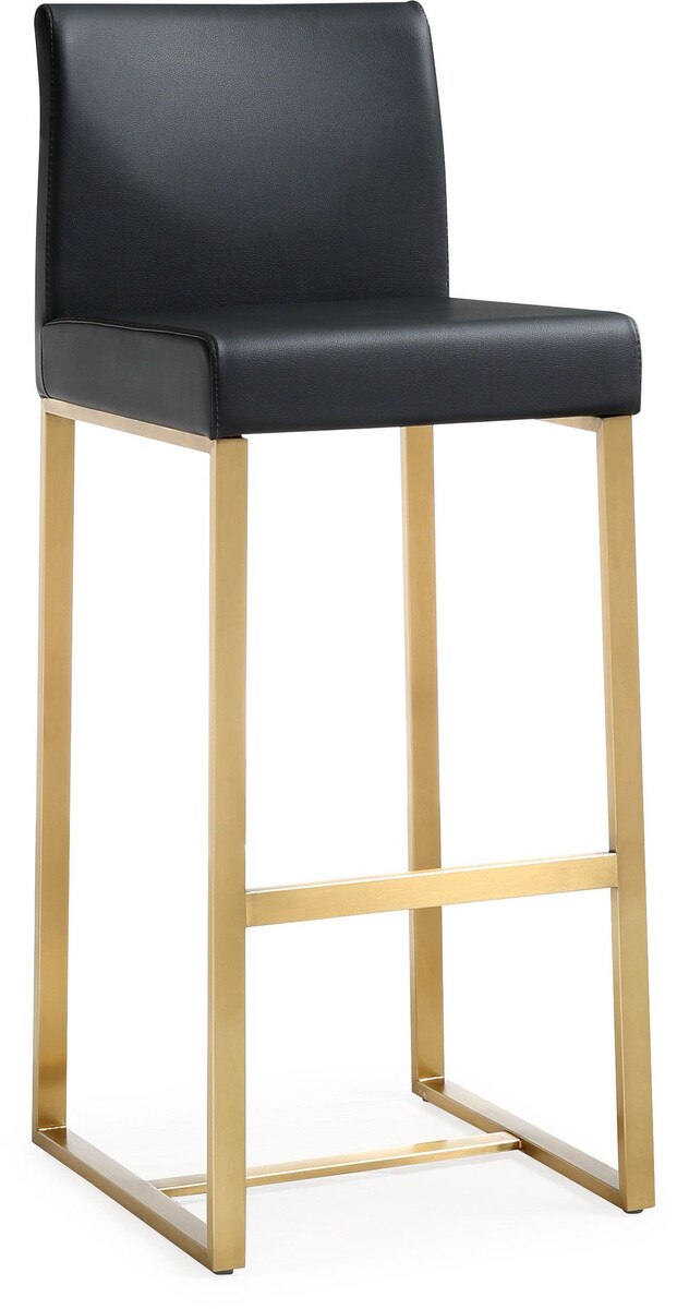 Tabouret de bar en cuir vegan noir et acier doré Denmark - Lot de 2