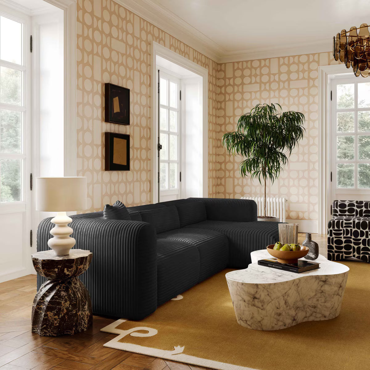 Chaise longue modulaire surdimensionnée en velours côtelé noir Tarra Fluffy RAF
