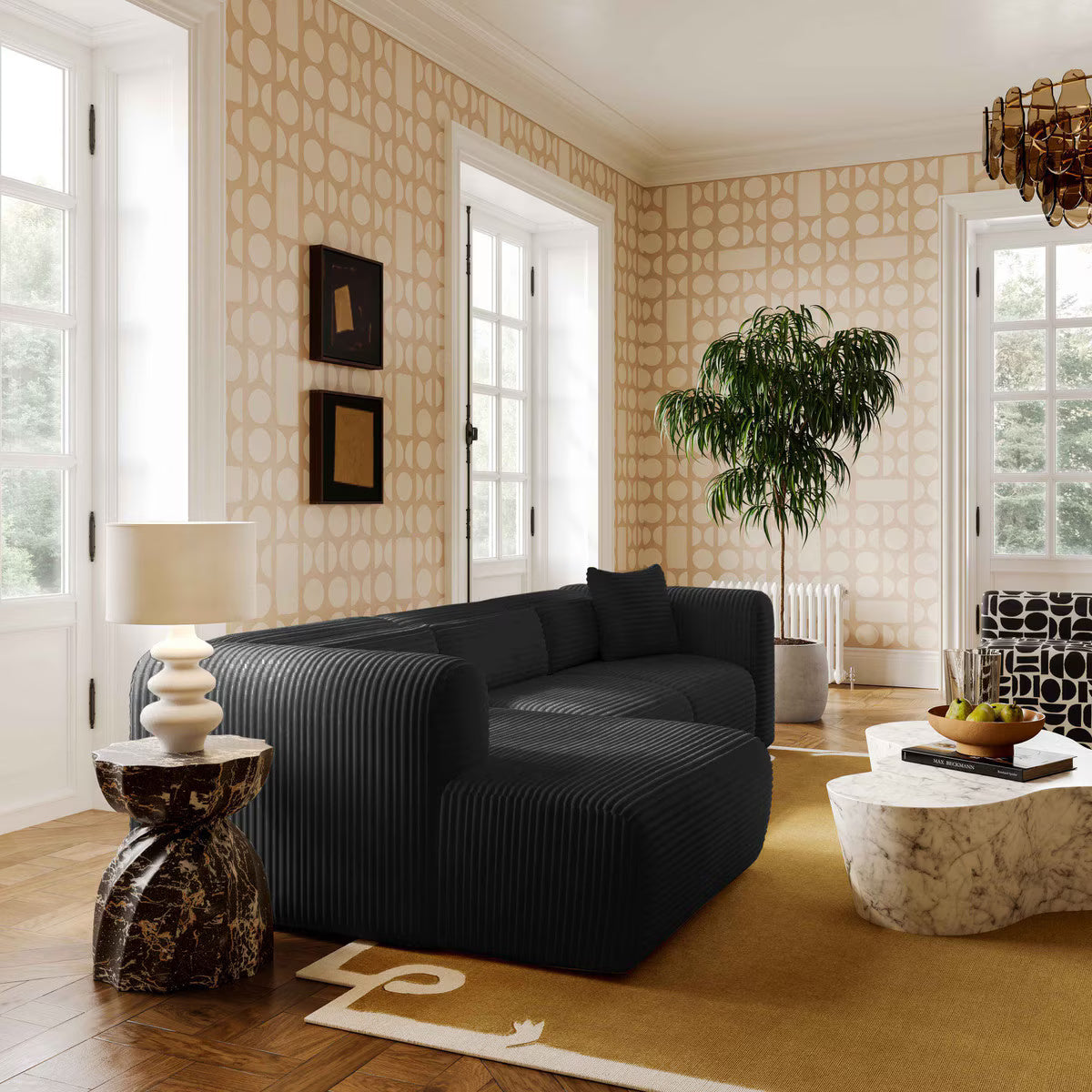 Canapé modulaire LAF surdimensionné en velours côtelé noir Tarra Fluffy