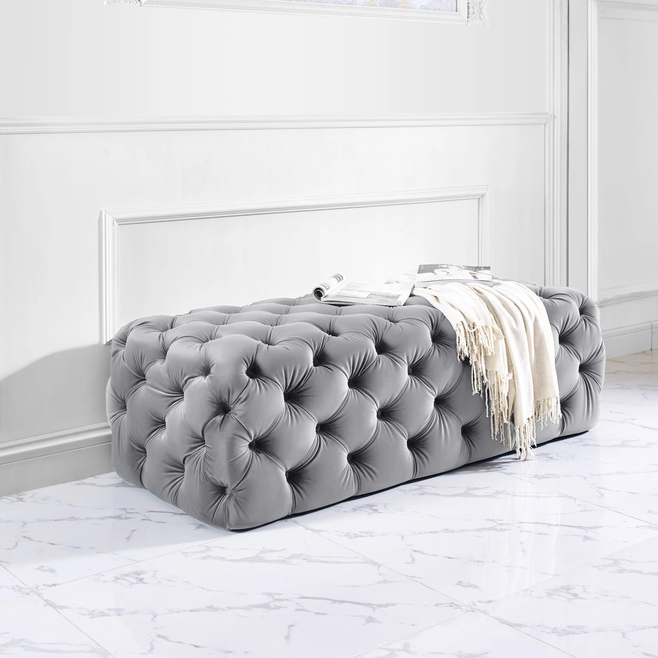 Kaylee 49" Performance Velvet Tufted Jumbo Ottoman