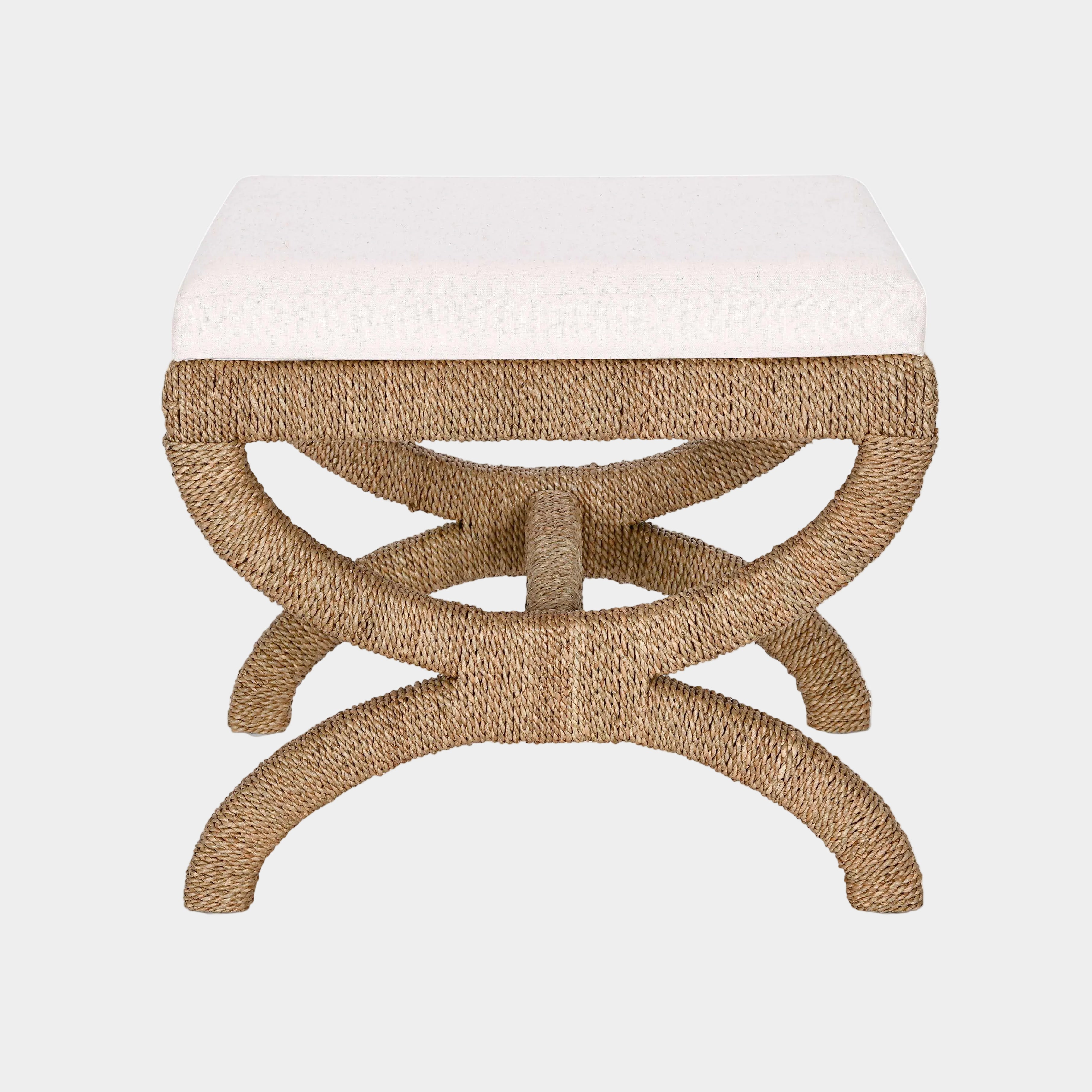 Kappa Cream Contract-Grade Fabric and Natural Seagrass Accent Stool