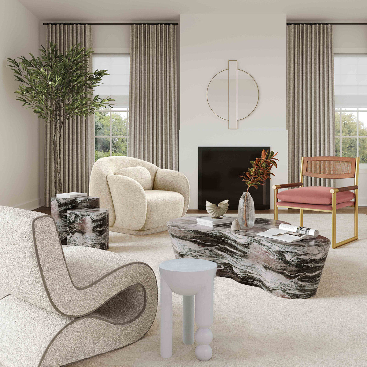 Table d'appoint courte en faux marbre gris/rose