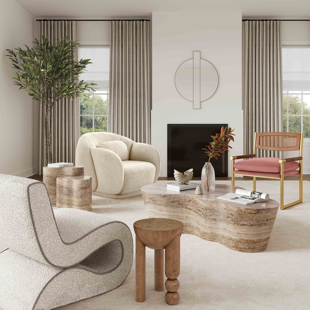 Table d'appoint courte en faux travertin