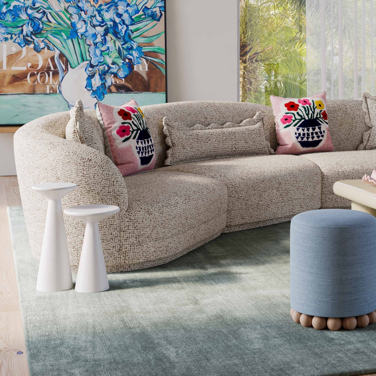 Pouf en tissu recyclé bleu délavé Dex