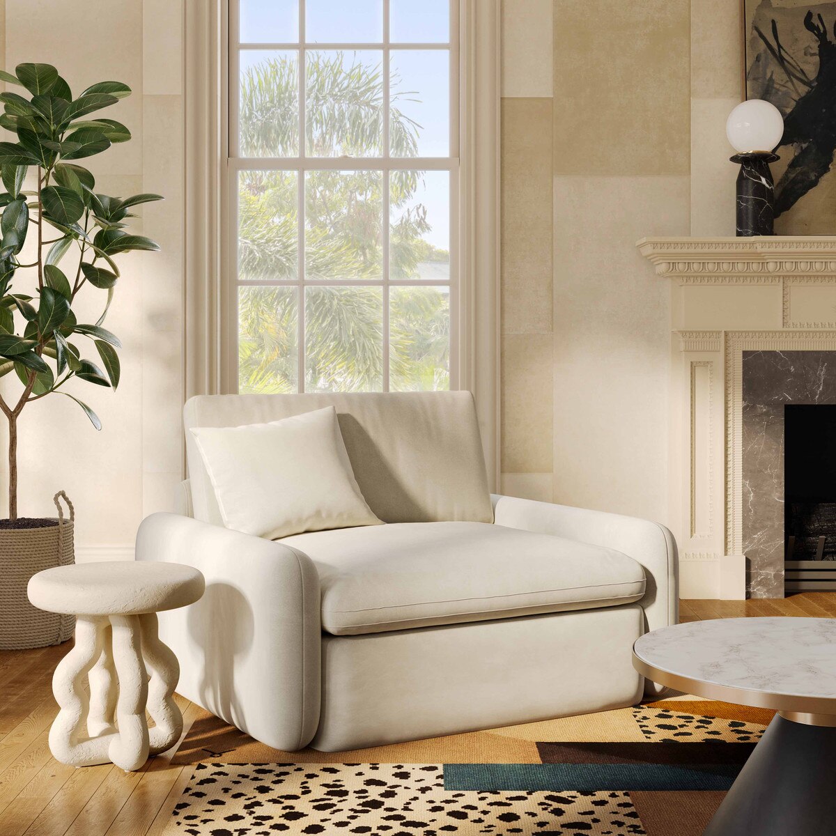 Fauteuil de salon Rachelle en velours crème