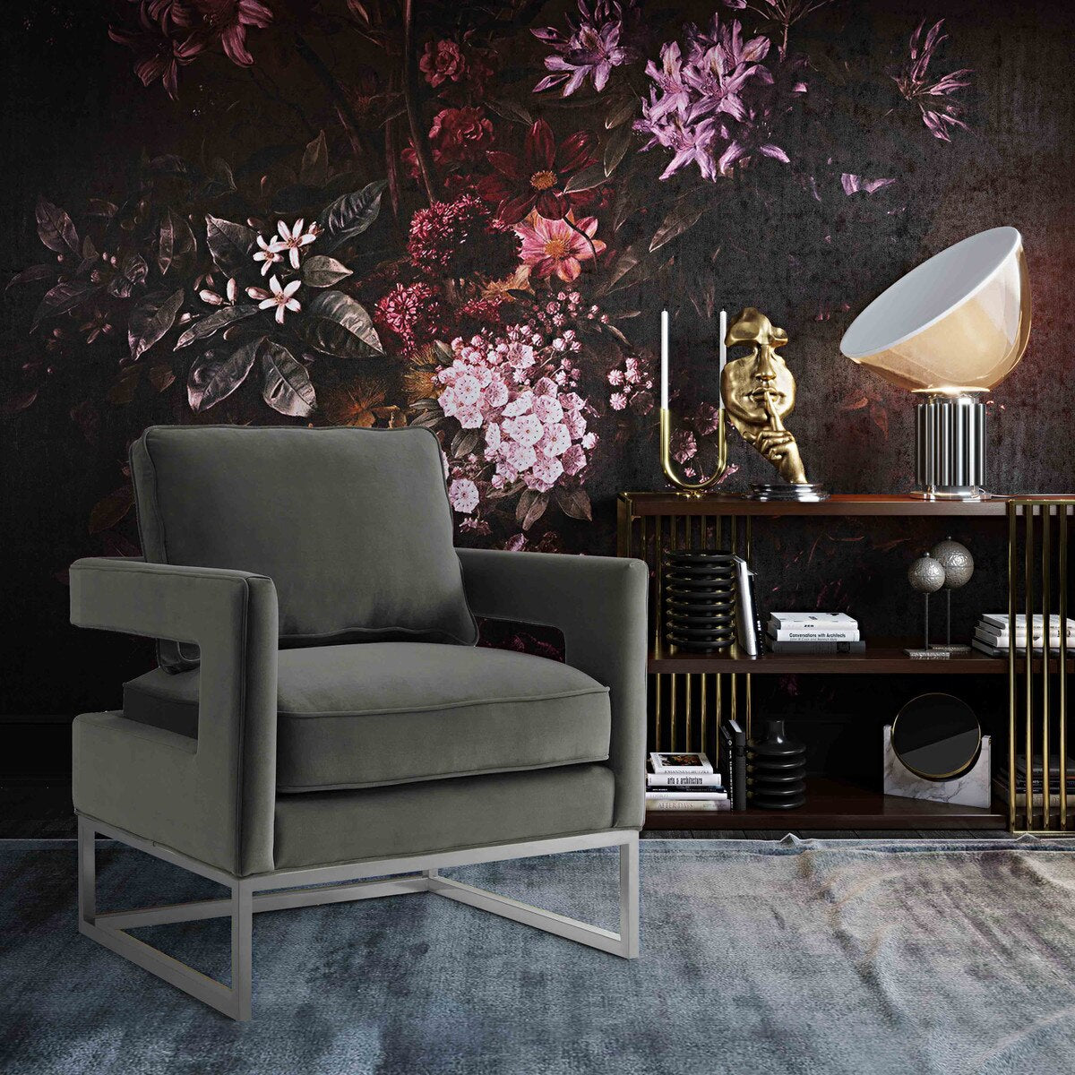 Chaise Avery en velours gris avec base argentée