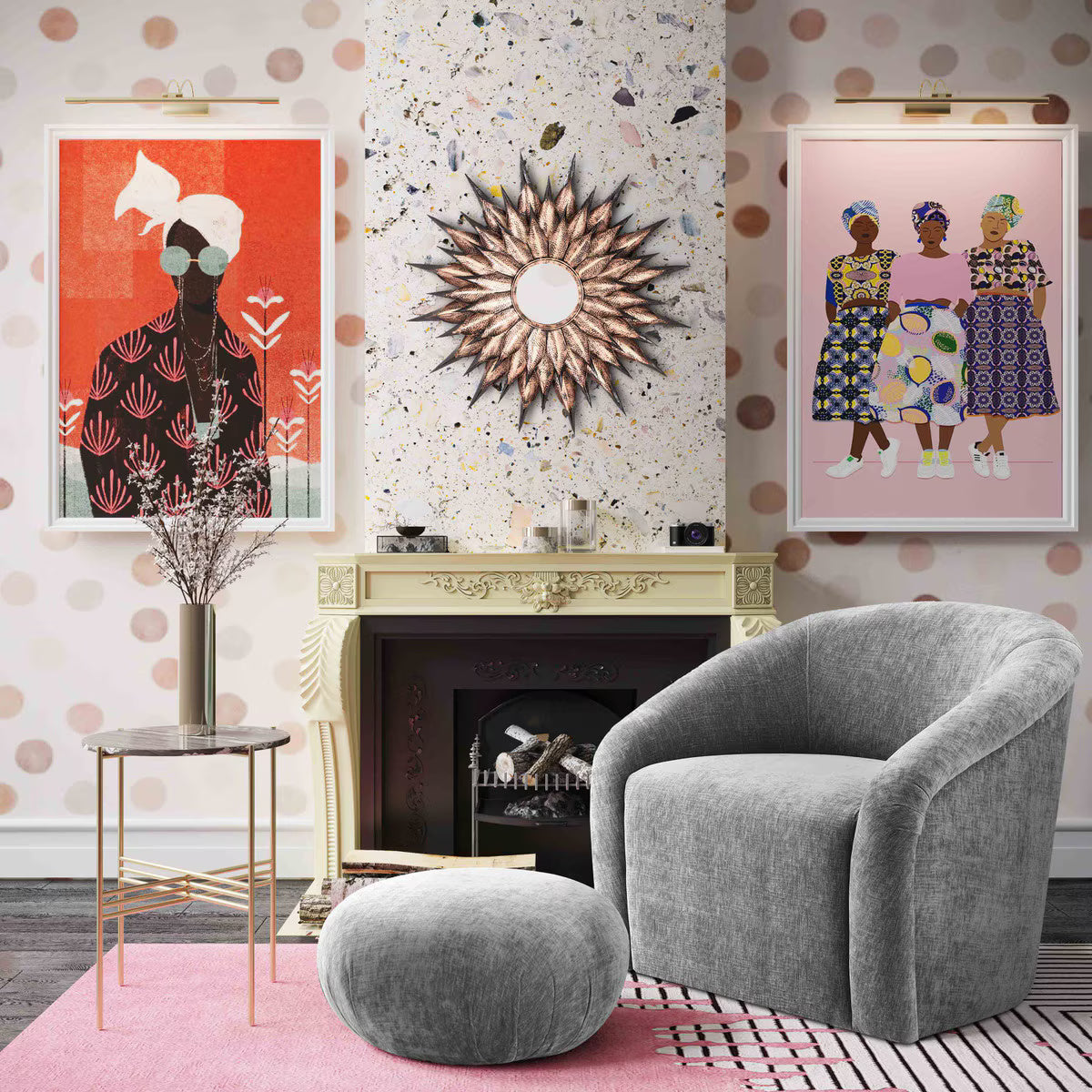 Ensemble chaise et pouf en chenille gris Boboli