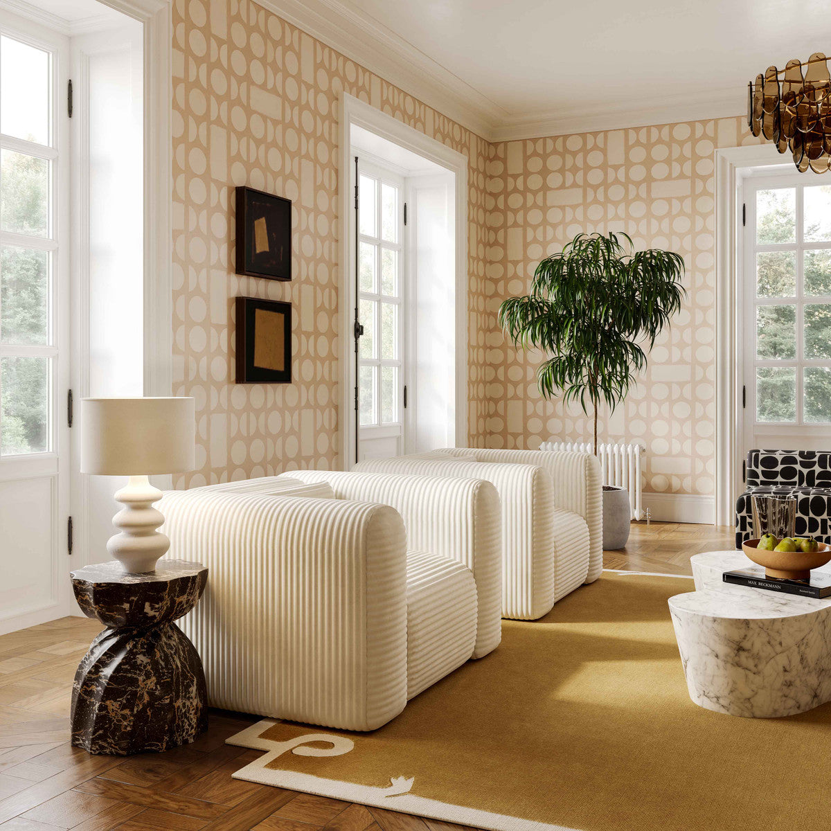 Fauteuil surdimensionné en velours côtelé crème Tarra Fluffy