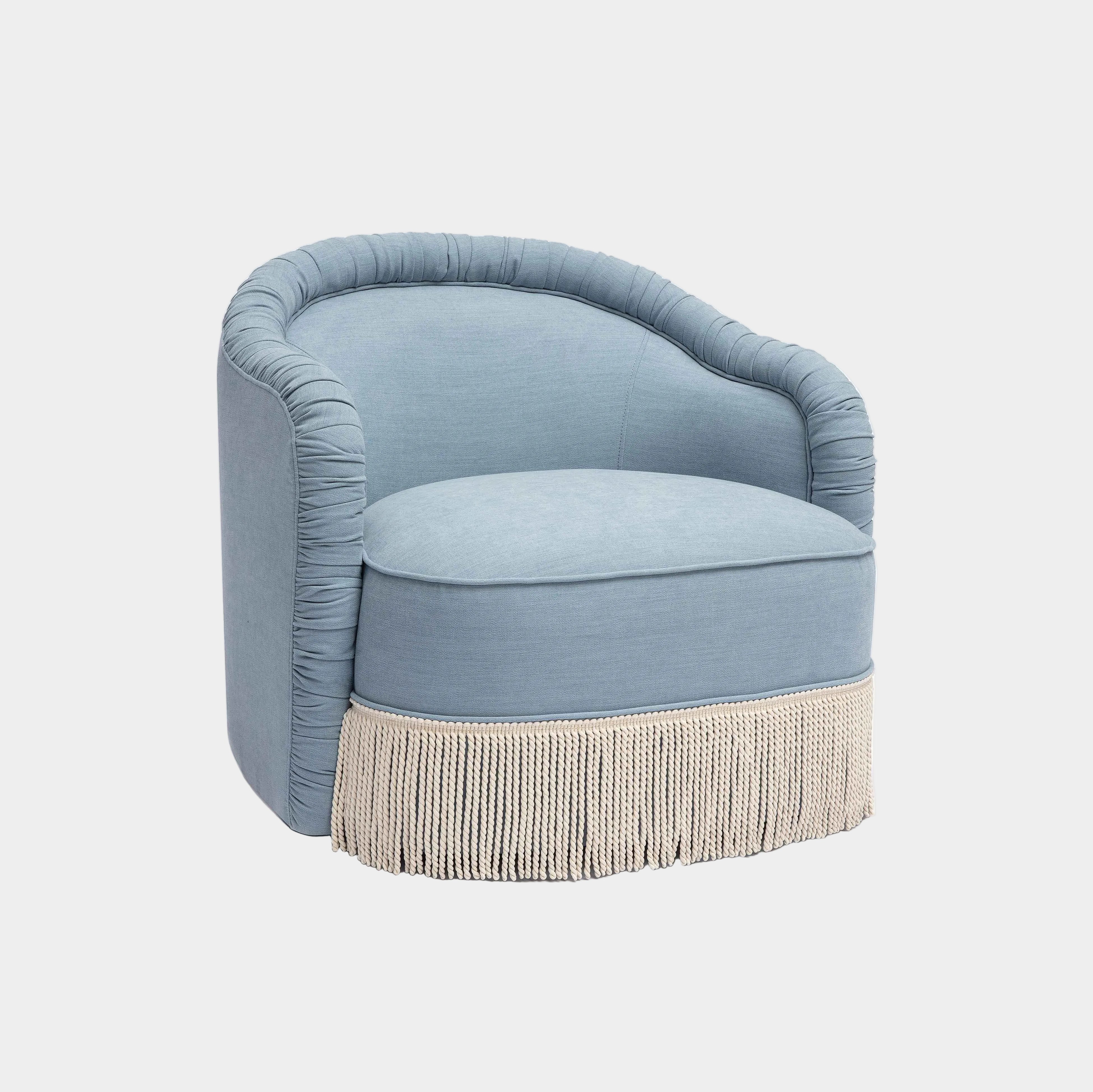 Pamela Faded Blue Upcycled Performance Fabric Tasseled Lounge Accent Chair