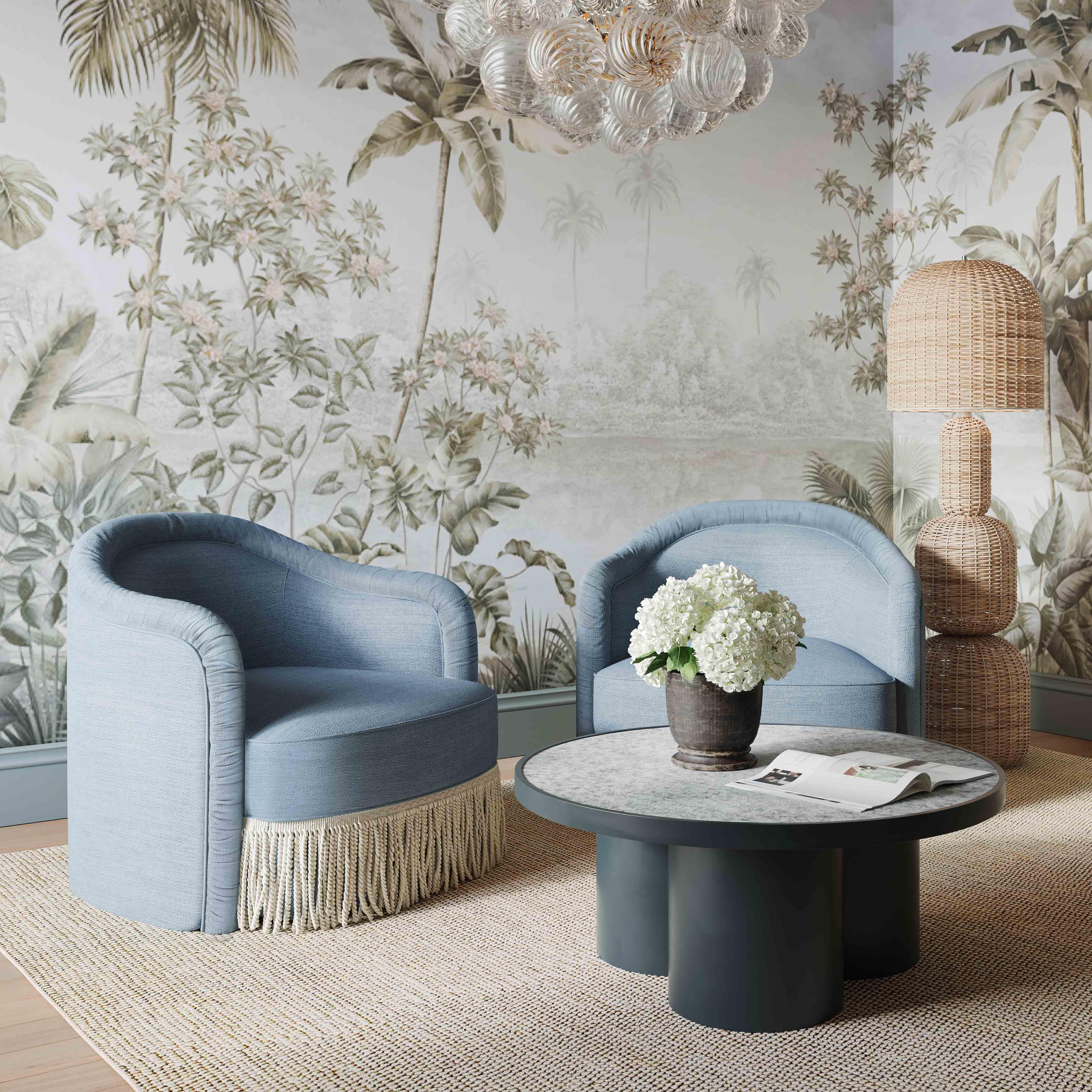 Pamela Faded Blue Upcycled Performance Fabric Tasseled Lounge Accent Chair