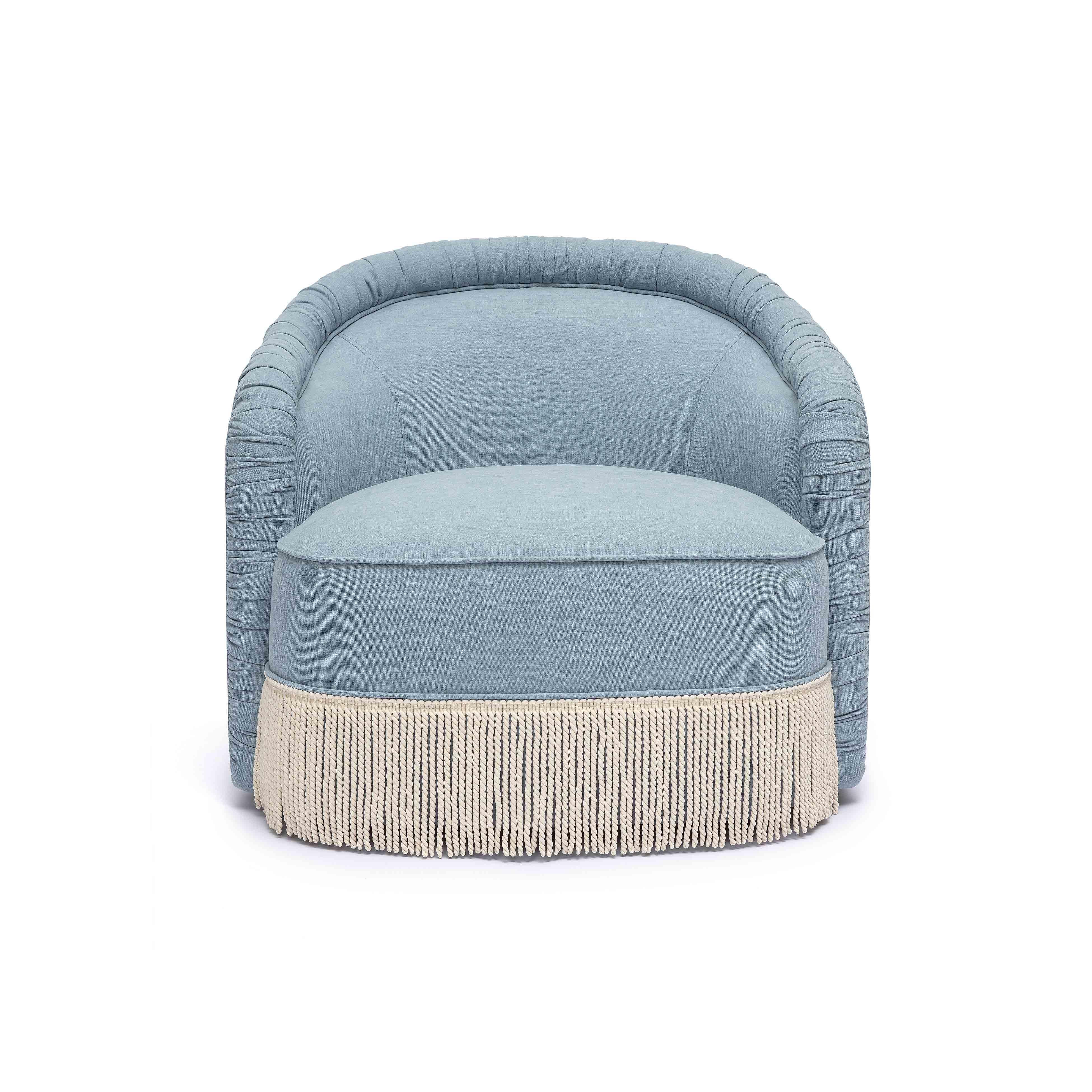 Pamela Faded Blue Upcycled Performance Fabric Tasseled Lounge Accent Chair