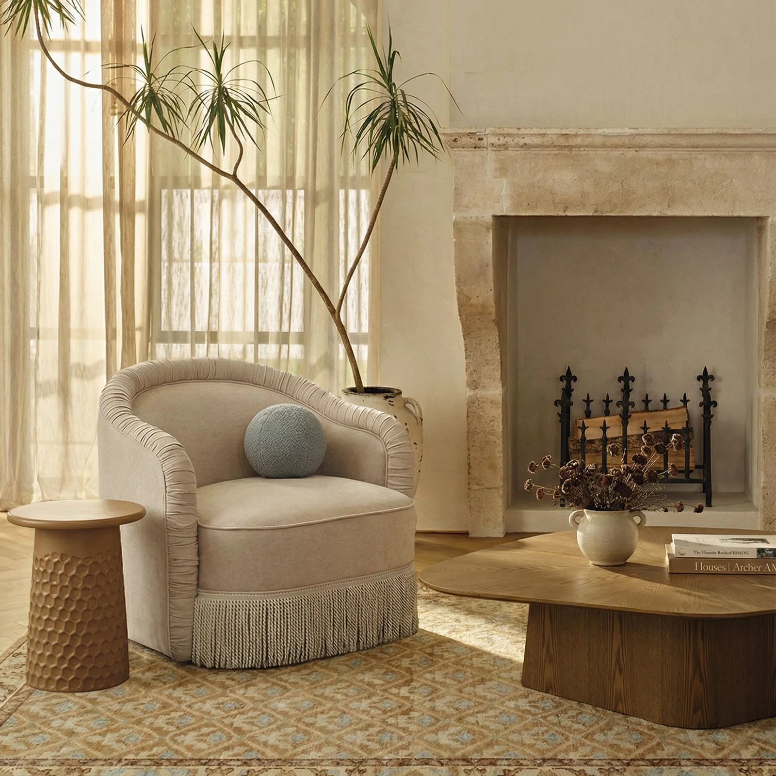 Pamela Tan Performance Chenille Tasseled Lounge Accent Chair