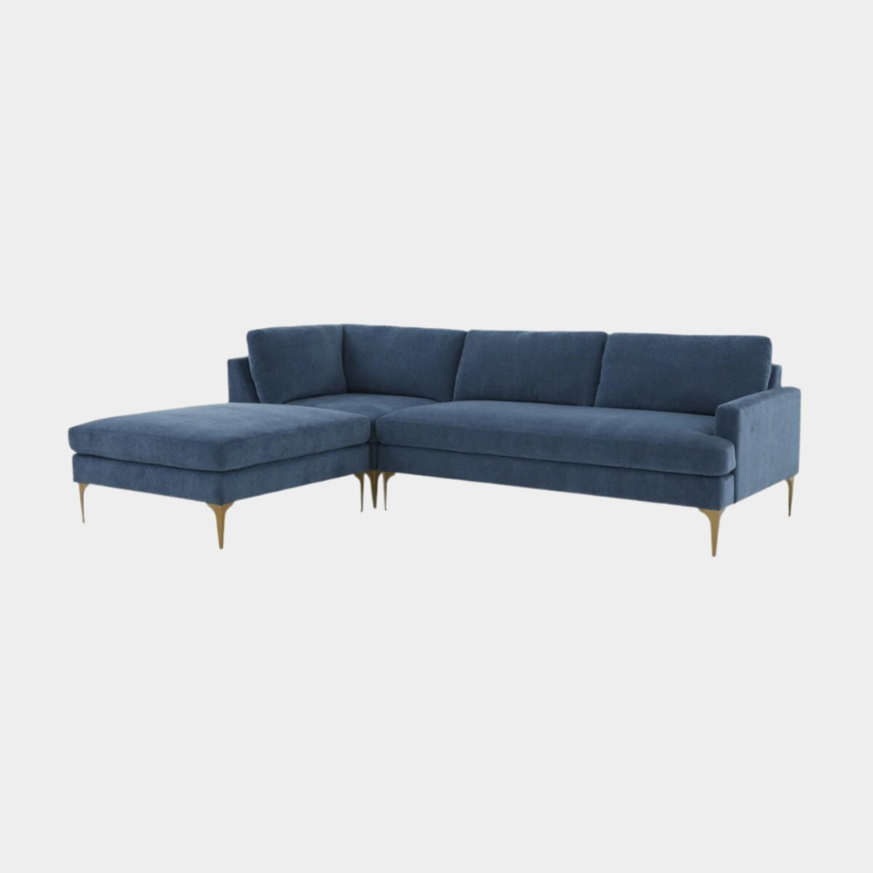 Chaise sectionnelle LAF en velours bleu Serena avec pieds en laiton