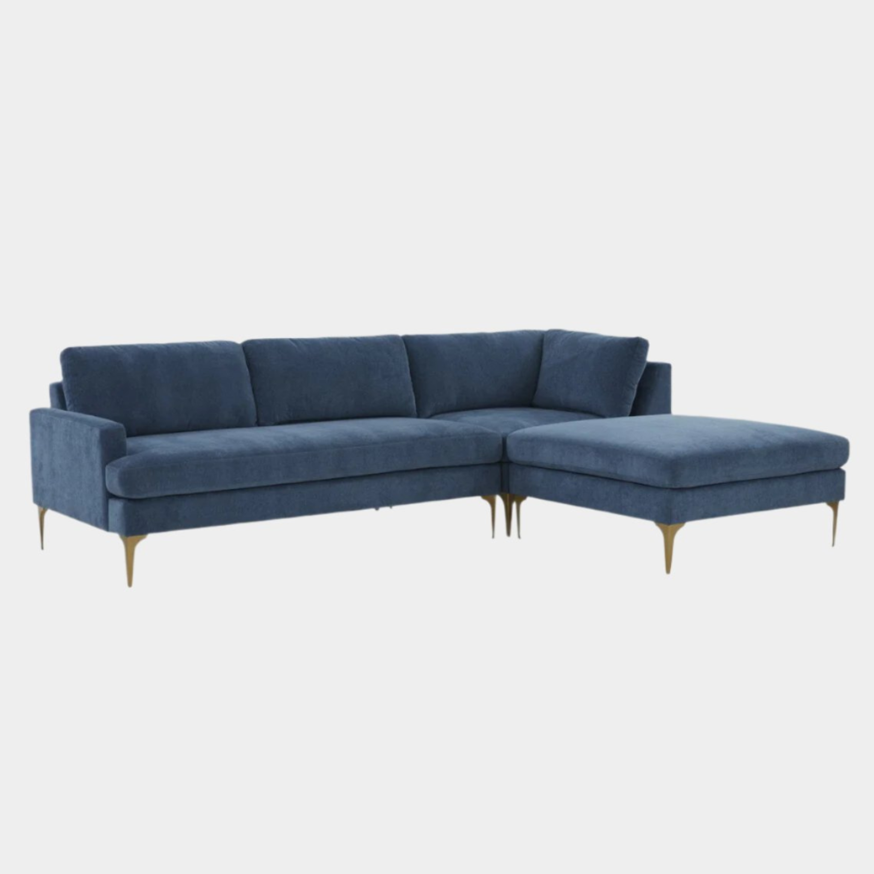 Chaise sectionnelle RAF en velours bleu Serena avec pieds en laiton