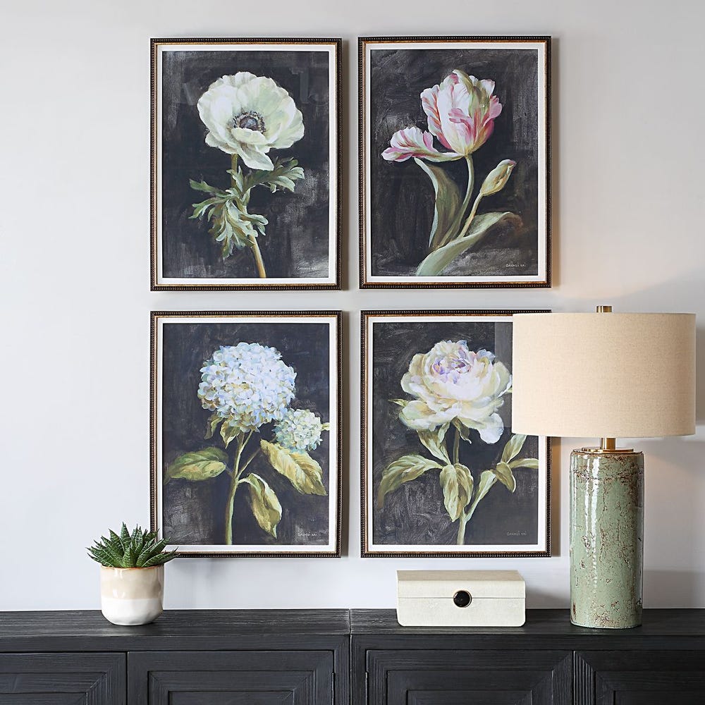 Florals on Black Framed Prints, S/4