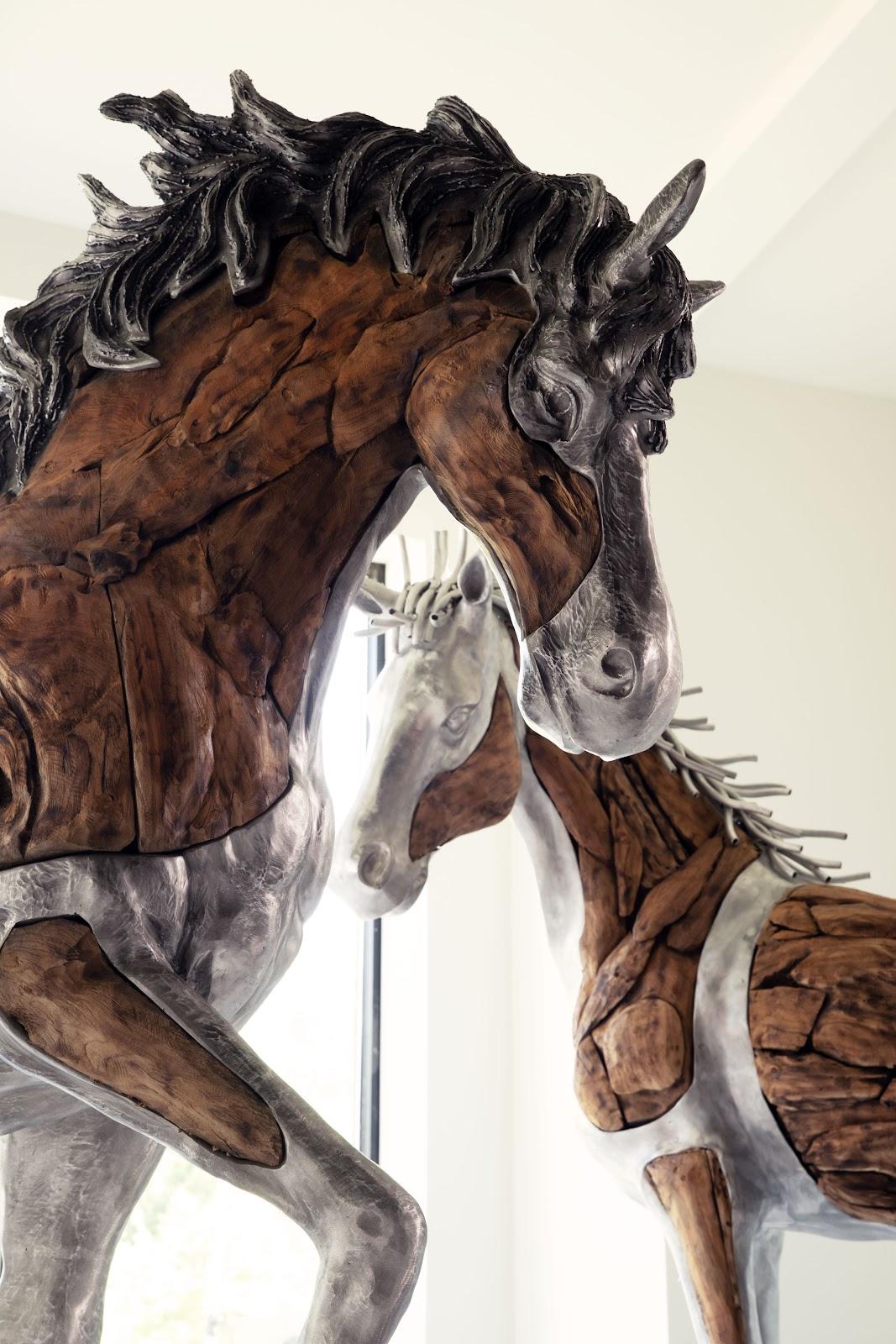 Mustang Horse Woodland Sculpture On Base, Walking
