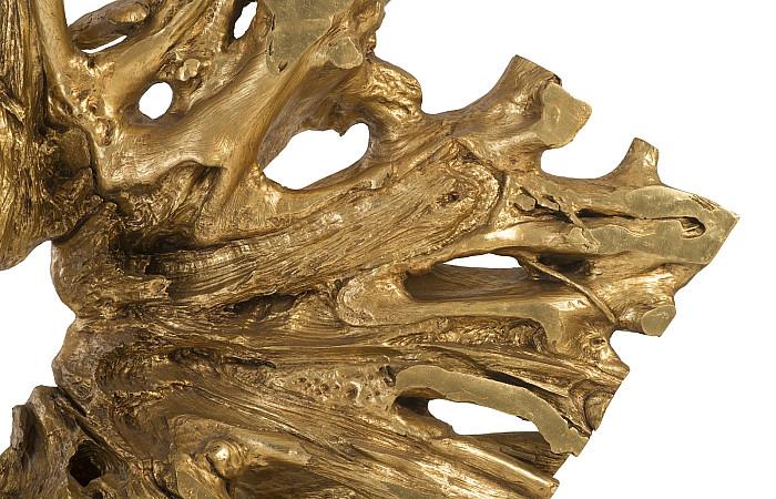 Sculpture en racine de teck coulée sur socle, feuille d'or