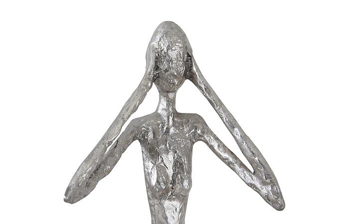 Sculpture élancée « N'entends pas le mal », petite taille, résine, feuille d'argent