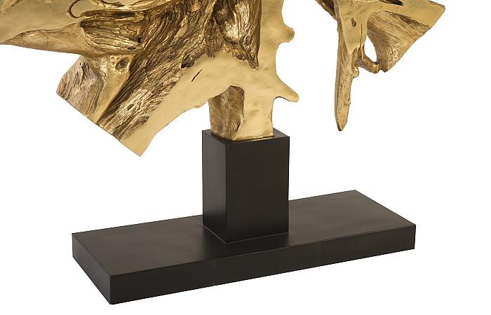 Sculpture en racine de teck coulée sur socle, feuille d'or