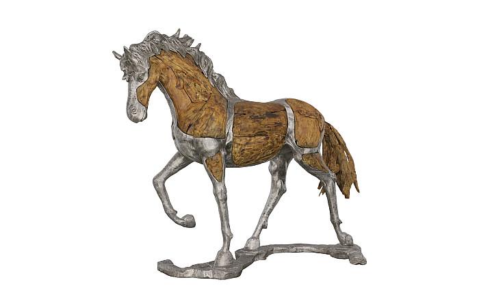 Mustang Horse Woodland Sculpture On Base, Walking