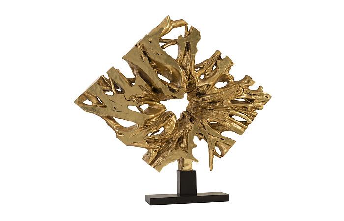 Sculpture en racine de teck coulée sur socle, feuille d'or