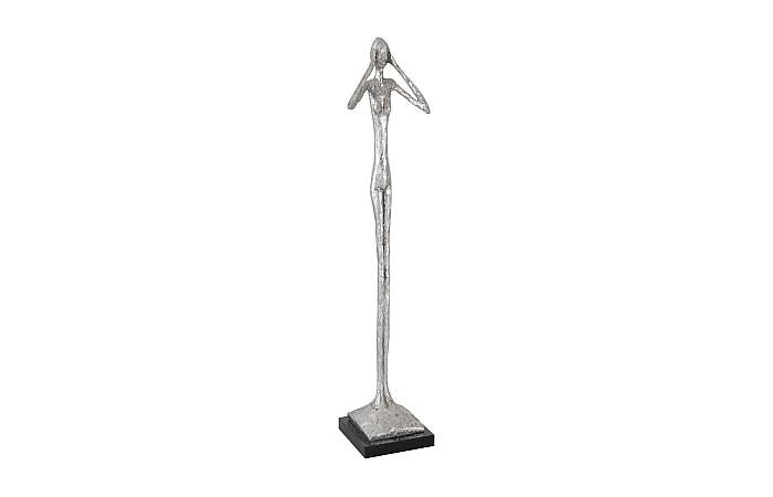 Sculpture élancée « N'entends pas le mal », petite taille, résine, feuille d'argent