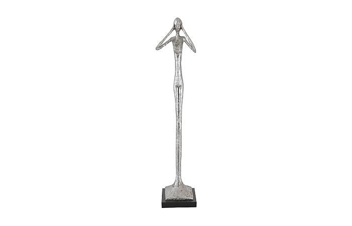 Sculpture élancée « N'entends pas le mal », petite taille, résine, feuille d'argent