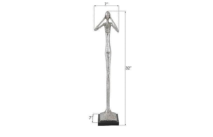 Sculpture élancée « N'entends pas le mal », petite taille, résine, feuille d'argent